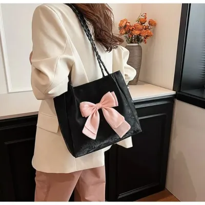 Women's Casual Plain Bow Ribbon Braided Shoulder Tote Bagr